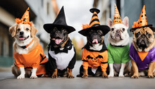 A Group Of Pets Dressed In Festive Costumes, Participating In A Halloween Pet Parade, With Each One Sporting A Unique And Amusing Outfit