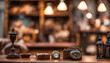 © Max - A vintage wooden table with antique items in front of a blurred antique store scene with bokeh lights. High quality photo, great for antique and vintage product showcases