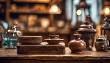 A Vintage Wooden Table With Antique Items In Front Of A Blurred Antique Store Scene With Bokeh Lights. High Quality Photo, Great For Antique And Vintage Product Showcases