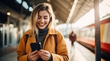 Smiling Attractive Woman Looking At His Smart Phone At A Train Station.