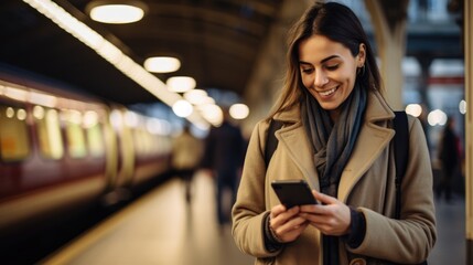 smiling attractive woman looking at his smart phone at a train station.