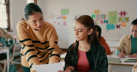 Aufkleber - School, education and teacher help student in classroom for learning, check assignment and lesson. College, academy and educator explain to girl for question, teaching and studying for assessment