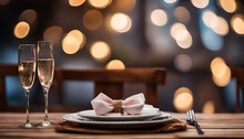 Wooden Table Set Up For A Romantic Dinner With Bokeh Lights Creating A Romantic Ambiance. High Quality Photo, Great For Showcasing Your Restaurant Or Special Occasion Offerings