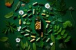Natural supplements and vitamins arranged on a green surface for a wholesome diet. Generative AI