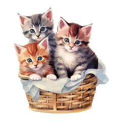 Wall Mural - kittens in basket watercolor illustration, generative AI