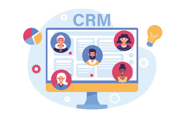 Poster - crm at computer concept. customer relationship management. team working at business project or start