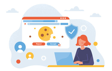 Poster - Woman with file cookies concept. Young girl with laptop at website page. Choice between reject or accept at site. User of internet with personal data. Cartoon flat vector illustration