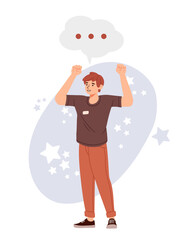 Fototapete - happy man with speech bubble concept. positivity and optimism. young guy talking. dialogue and discu