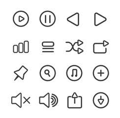 Fototapete - Line music icons set. Linear arrows and mute, sound buttons. UI and UX desgn for mobile applications and programs, software. Linear flat vector collection isolated on white background