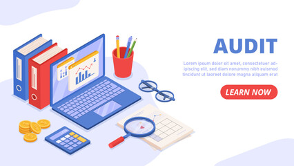 Isometric audit banner concept. Laprop, magnifying glass and stack of books and documents. Analytics and evaluation of graphs and charts. Landing page design. Cartoon 3D vector illustration