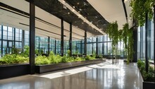 Glass Office With Eco-friendly Design, Featuring Trees And Green Environment For Sustainable Building