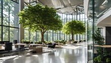 Glass Office With Eco-friendly Design, Featuring Trees And Green Environment For Sustainable Building