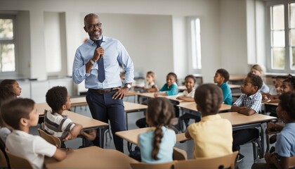 Poster - Black male educator talking to students in classroom - man teaching, elementary school children, education