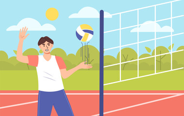 Man play volleyball concept. Young guy at field. Moving activity and sport. Athlete and sportsman in tournament or competition. Team sport with ball. Cartoon flat vector illustration