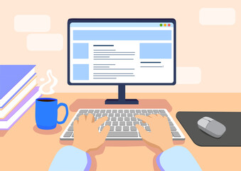 Poster - Manager fills website concept. Webpage owner at computer. Employee at workplace in office. Programmer develop interface for website, application or program. Cartoon flat vector illustration