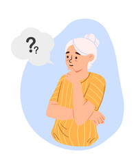 Poster - Old lady asks concept. Elderly woman with question. Memory problems and illness, dementia and alzheimer. Medical infographic and educational materials. Cartoon flat vector illustration