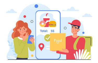 Poster - ordering food online concept. woman with smartphone near courier with box of eating. home and fast d