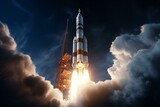 Fototapeta Londyn - SLS rocket soars to the moon with Orion spacecraft, part of NASA's Artemis program. Researching solar system. Generative AI