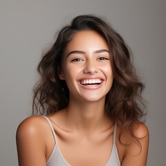 portrait of a beautiful young latin model woman laughing and smiling with clean teeth