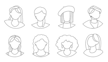 Woman line icons set. Silhouettes of young girls. Minimalistic creativity and art. Pack of avatars for social networks and messengers. Linear flat vector collection isolated on white background