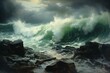 A turbulent ocean during a violent tempest, with tumultuous crashing waves. Generative AI