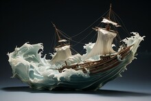 Boat Sculpture Floating Atop Ocean Waves. Generative AI