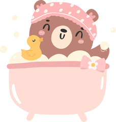 Wall Mural - cute baby shower bear girl in bath cartoon