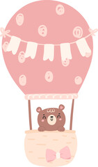 Wall Mural - cute baby shower bear girl in pink hot air balloon