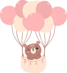 Wall Mural - cute baby shower bear girl in pink hot air balloon