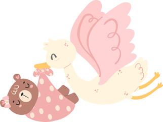 Wall Mural - cute baby shower bear girl, stork bird with pink baby bag