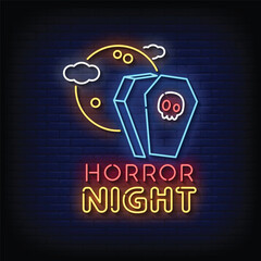 Wall Mural - Neon Sign horror night with brick wall background vector
