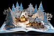 Opening of a pop-up book depicting a winter scene with a cozy house, snowmen, trees, and Christmas decorations. Generative AI
