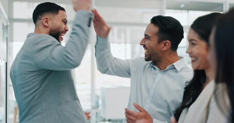 Poster - Businessman, high five and applause in schedule planning, teamwork or motivation together at office. Business people in celebration, meeting or team building for collaboration or ideas at workplace