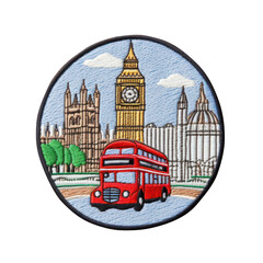 embroidered london patch sticker, stitched patchwork icon on transparent png background, generative 