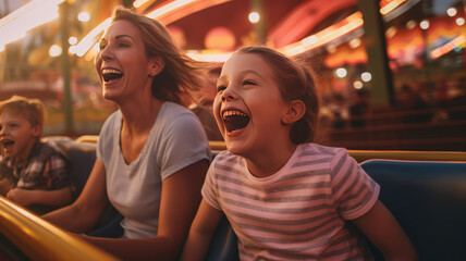 Poster - photograph of Mother and children riding a rollercoaster at an amusement park.Generative ai