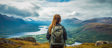 A Woman Backpacker Hiking In The Mountains With An Over The Shoulder Shot Of A Scenic View. A Greater Summer Vacation In Nature.