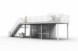 A white isolated mezzanine with temporary design and stairs for warehouse or factory. Includes 3D equipment. Generative AI