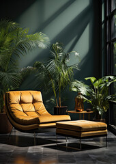 Minimalist tropical green interior living room, interior design space with sunlight flowing the blinds, with yellow chair, furniture, ferns, plants