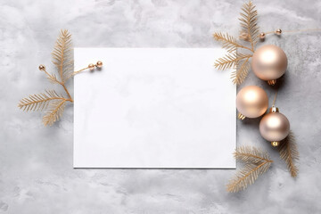 Mockup blank paper note greeting card, space for text with gold baubles and fir branch on gray marble background, top view Chirstmas background.