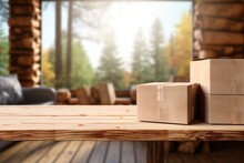 Wooden Table With Stack Of Cardboard Boxes Over Blurred View Of Log Cabin Living Room, Rustic Interior Design. Moving House Concept With Copy Space, 3d Illustration. Generative AI