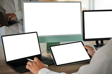 Poster - Laptop with blank screen on table. Workspace background new project on laptop computer with blank copy space screen for your advertising text message