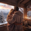 Photo of lovers embracing man and women in the winter glamping house on vacation