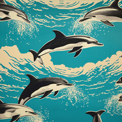 Wall Mural - Dolphins pattern in cartoon style
