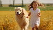 Cute girl run and play with white dog in the field day together.