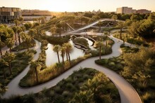 Aerial View Of Sunrise Over Turia Gardens, A Transformed Riverbed Park In Valencia, Spain. Generative AI