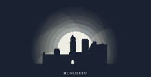 USA United States Honolulu Cityscape Skyline Capital City Panorama Vector Flat Modern Banner. US Hawaii American County Emblem Idea With Landmarks And Building Silhouette At Sunrise Sunset Night