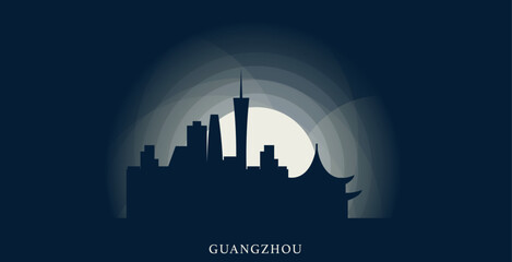 Wall Mural - China Guangzhou cityscape skyline city panorama vector flat modern web banner, header. Asian region emblem idea with landmarks and building silhouettes at sunrise sunset night