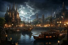 A Vibrant Lunar-lit Waterfront Filled With Towering Vessels. A Blend Of Sci-fi, Fantasy, Horror, And Bygone Eras In A Virtuoso Victorian Style. Generative AI