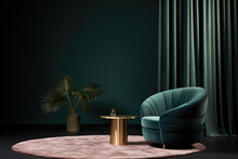 A Modern Living Room With A Dark Green Wall And A Pink Round Rug With A Gold Side Table And A Green Velvet Armchair. The Armchair Has A Curved Back And A Round Seat Cushion, Potted Plant, Curtain