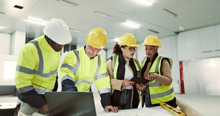 Aufkleber - Engineering people, collaboration and technology for construction planning, floor plan and building design. Architecture group of men and women on laptop, tablet and blueprint document with teamwork